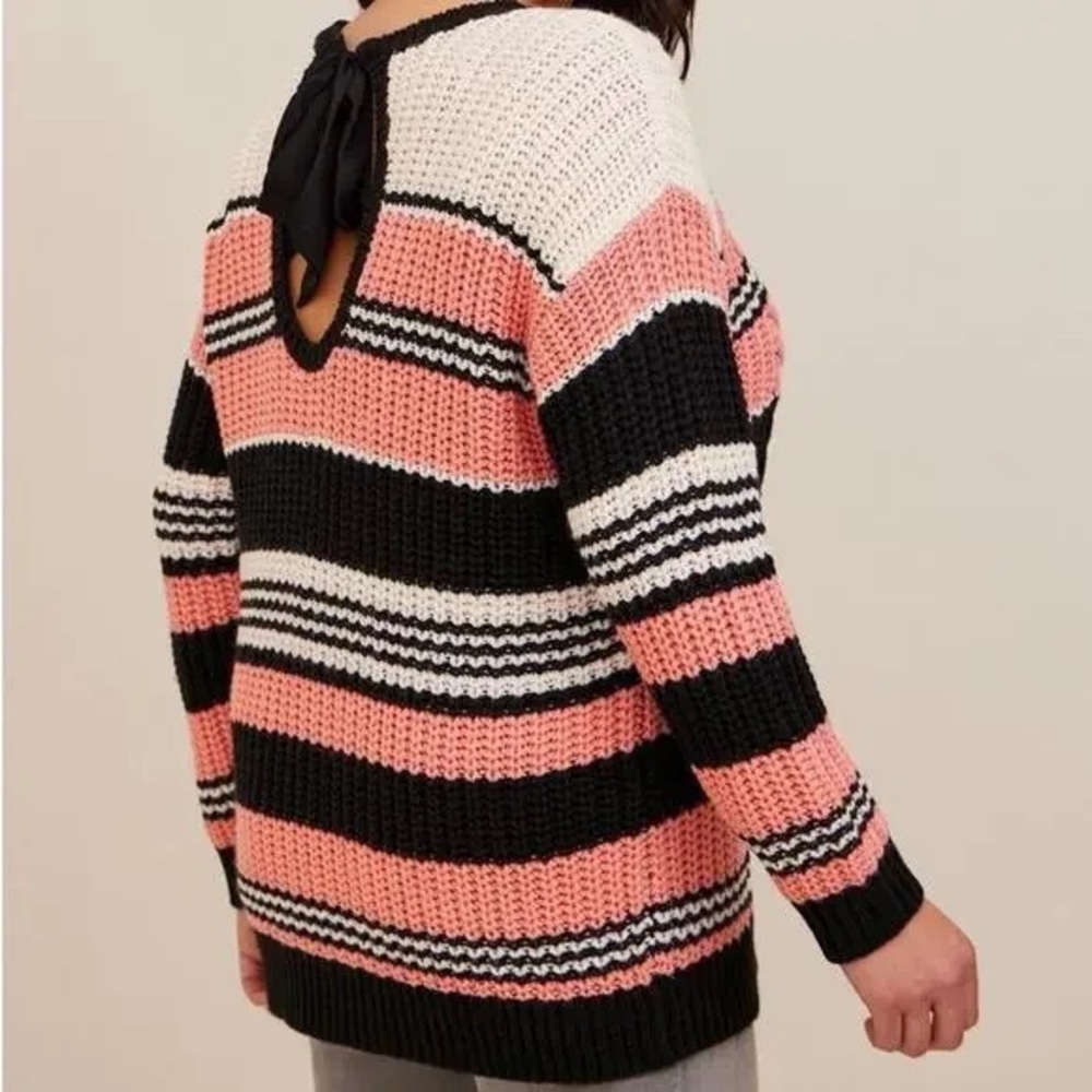 Torrid Women’s Cable Sweater Pink Black White Stripe Keyhole Tie Back Sash 3X
